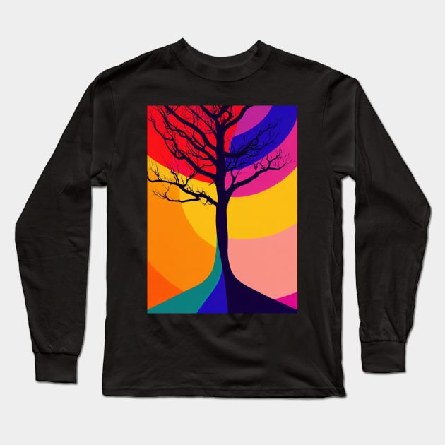 Lonely Tree Under a Rainbow Night Sky - Vibrant Colored Whimsical - Abstract Minimalist Bright Colorful Nature Poster Art of a Leafless Branches Long Sleeve T-Shirt by JensenArtCo